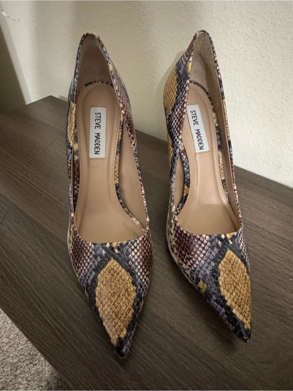 Steve Madden Pointed Toe Snake-Print Pumps in Brown, Yellow, Gray